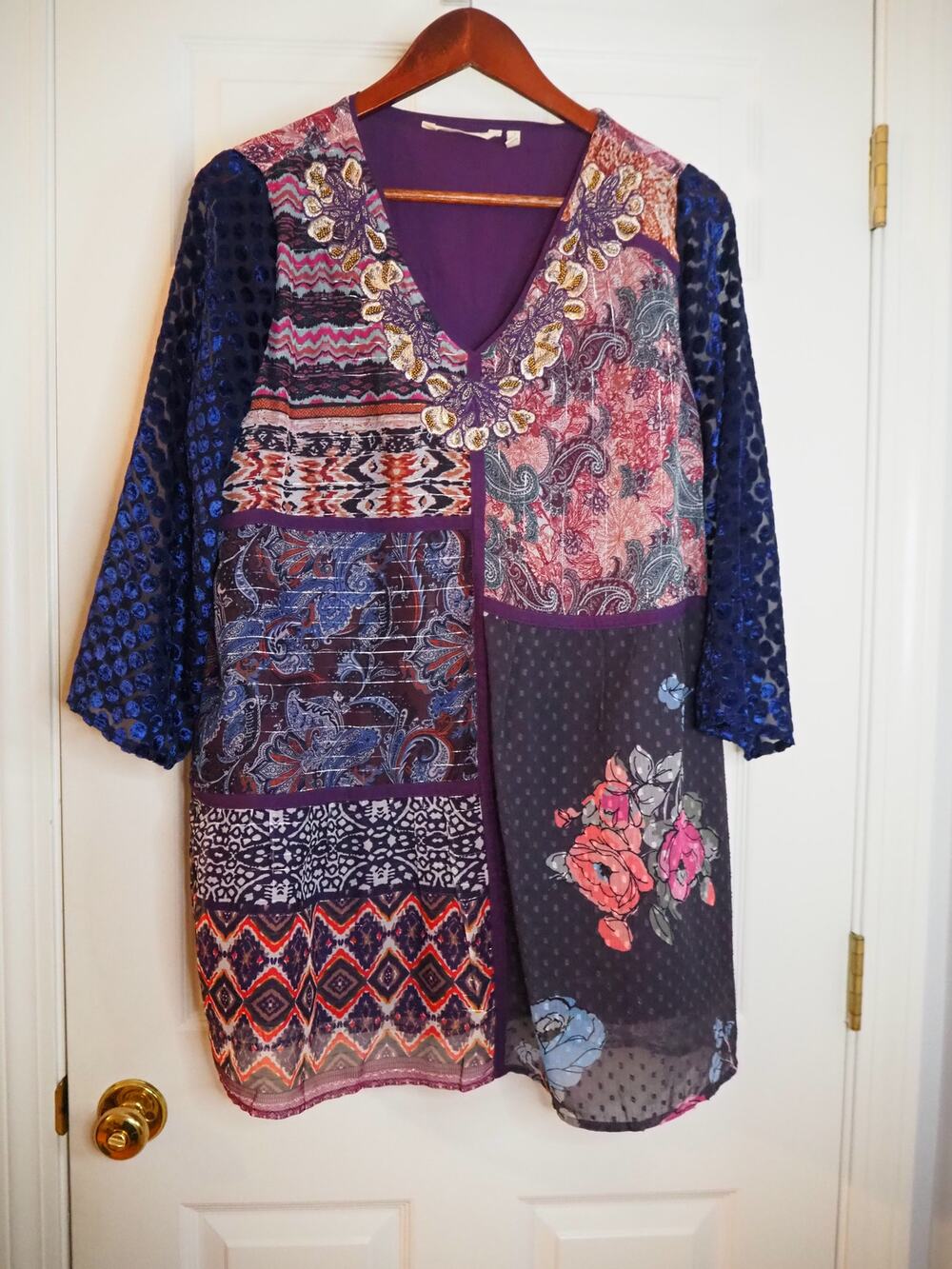 Soft Surroundings All Together Tunic Petite M Patchwork Velvet Beaded 3/4 Sleeve